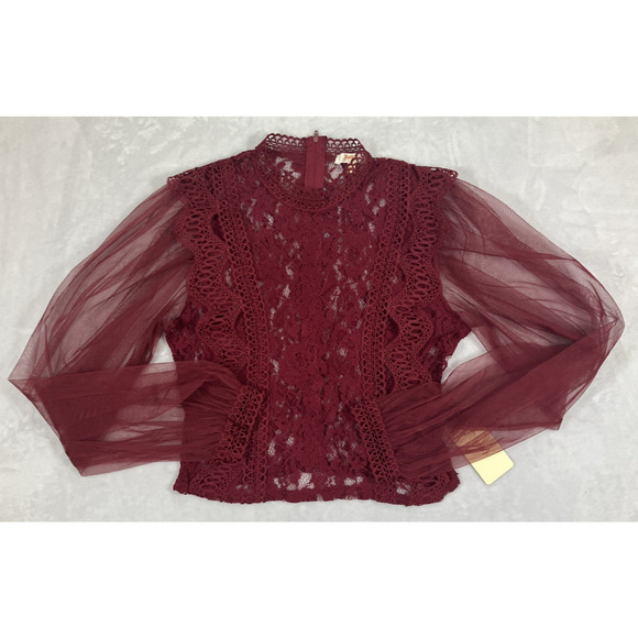 Fairy Women's Whimsy Sheer Lace Romantic Size Medium Blouse Red NWT Zip-Up Back - Picture 4 of 16